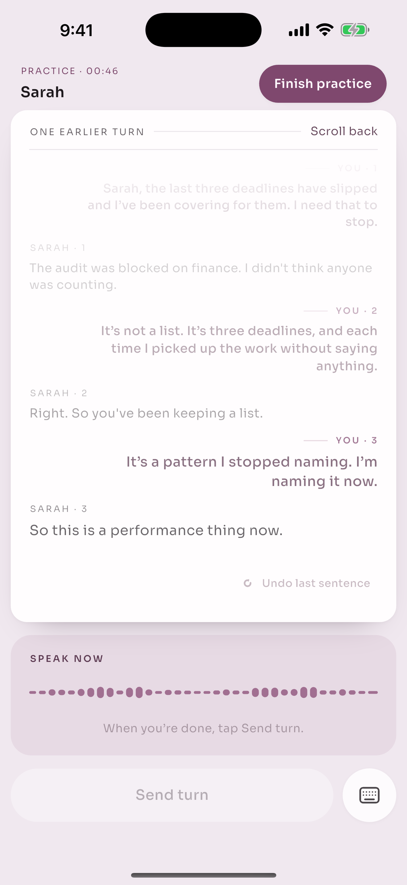 Rehearsal app: practising a conversation about missed deadlines with Sarah, who responds with pushback.