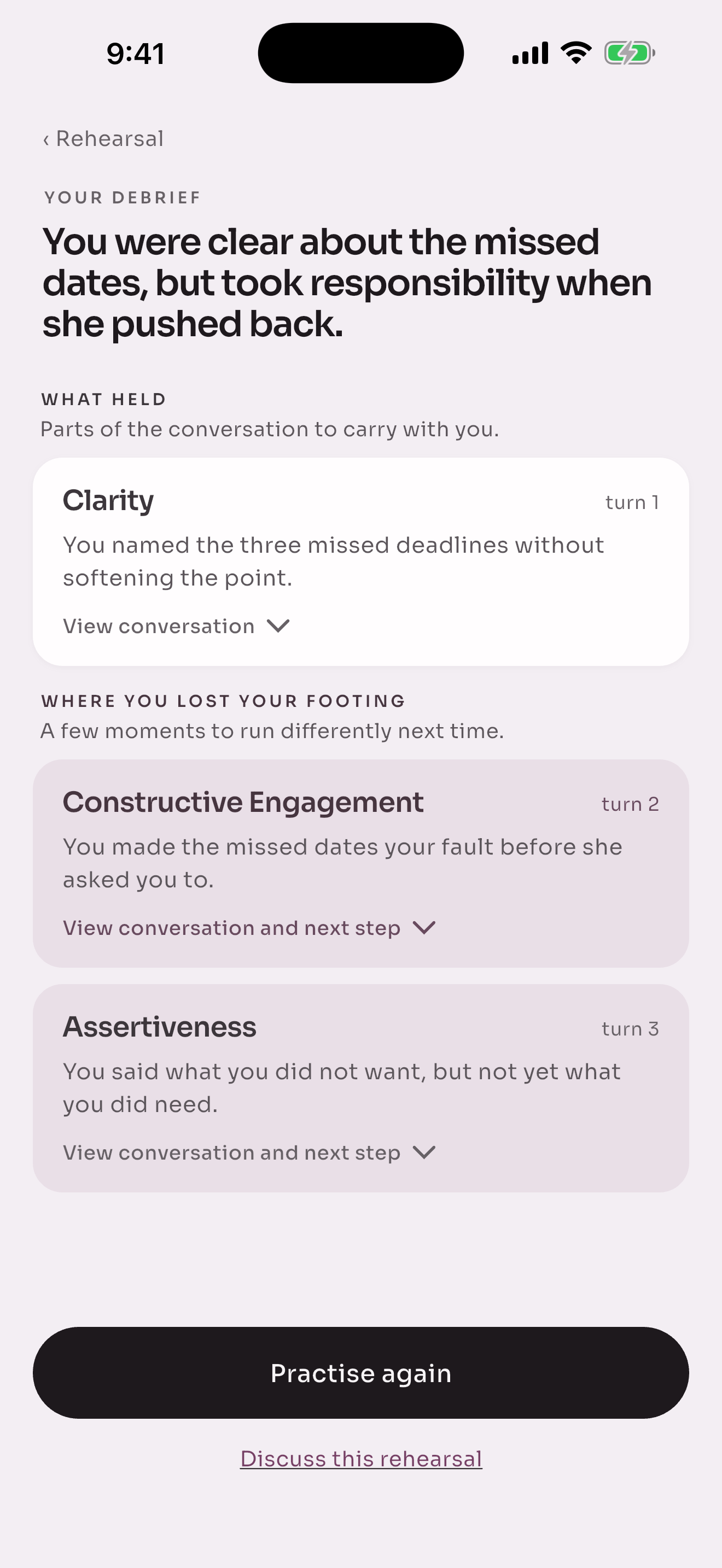 Debrief identifying clarity, constructive engagement, and assertiveness with links to specific conversation turns.