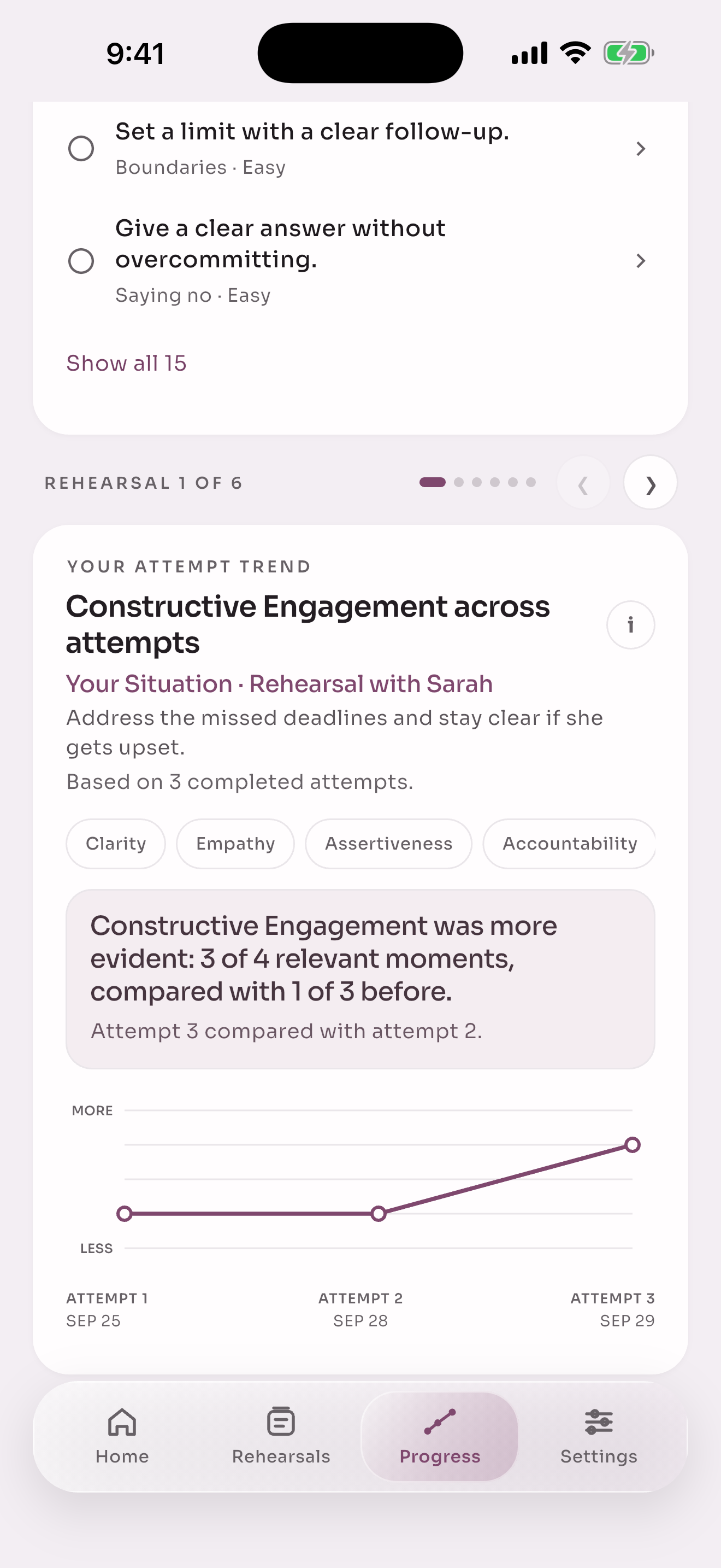 Progress showing practised skills and evidence of constructive engagement across attempts at the same conversation.
